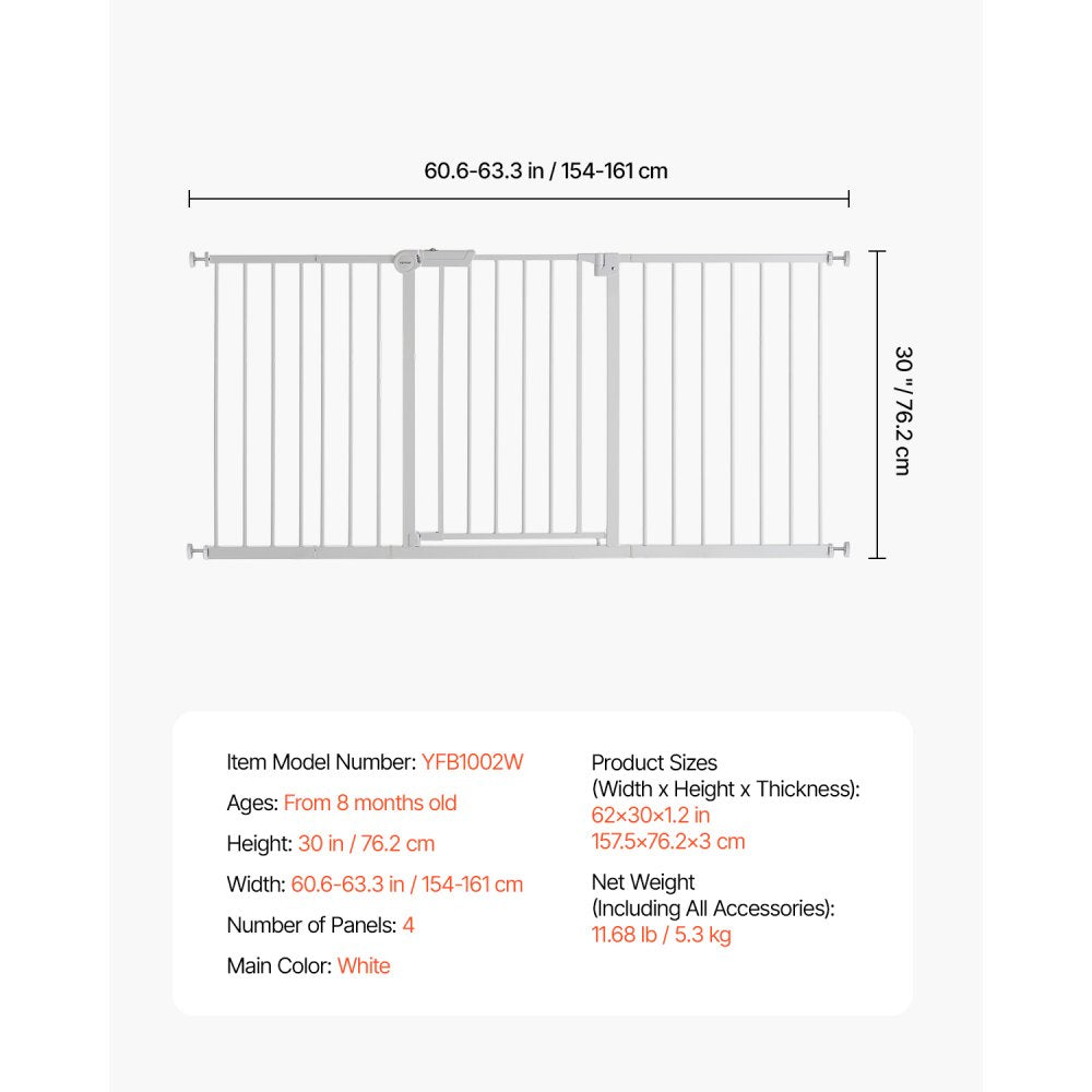 VEVOR Baby Gate, 60.6-63.3 Inches Adjustable Width, 30 Inches High Dog Gate, Easy Step Walk Thru, for Child Pet Security, Pressure Mount Kit, Wall Cups, One-Hand Open, for Stairs and Doorways, White