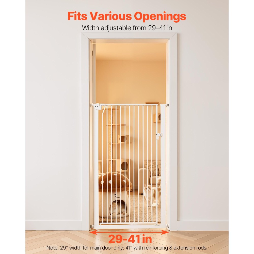 VEVOR Extra Tall Pet Gate for Cats, 29-41 in Adjustable Width, 56 in High Dog Gate, with Pressure Mount Kit and Wall Mount Kit, 1.3 in Narrow Bar Spacing, for Stairs, Doorways, and House, White