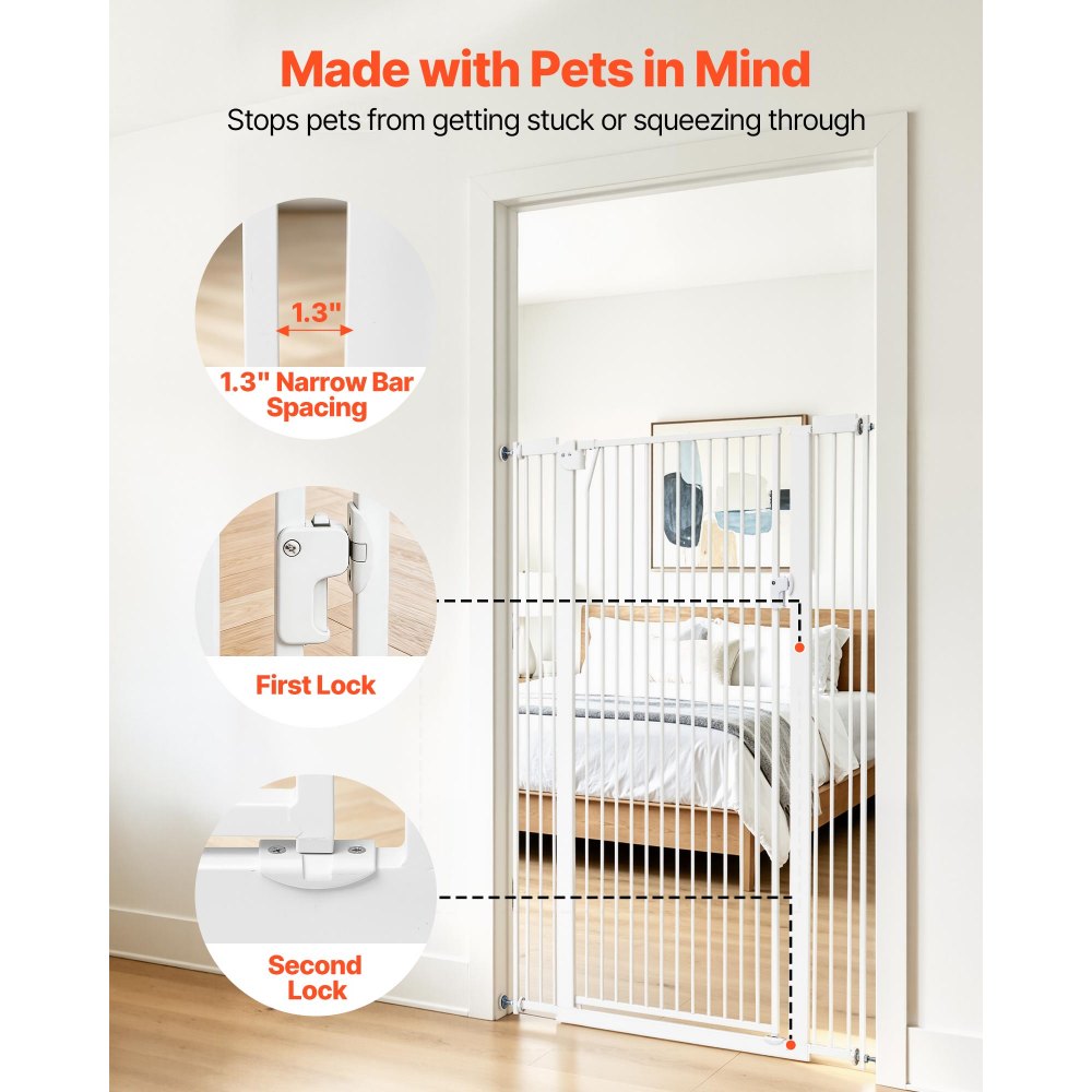 VEVOR Extra Tall Pet Gate for Cats, 29-41 in Adjustable Width, 56 in High Dog Gate, with Pressure Mount Kit and Wall Mount Kit, 1.3 in Narrow Bar Spacing, for Stairs, Doorways, and House, White