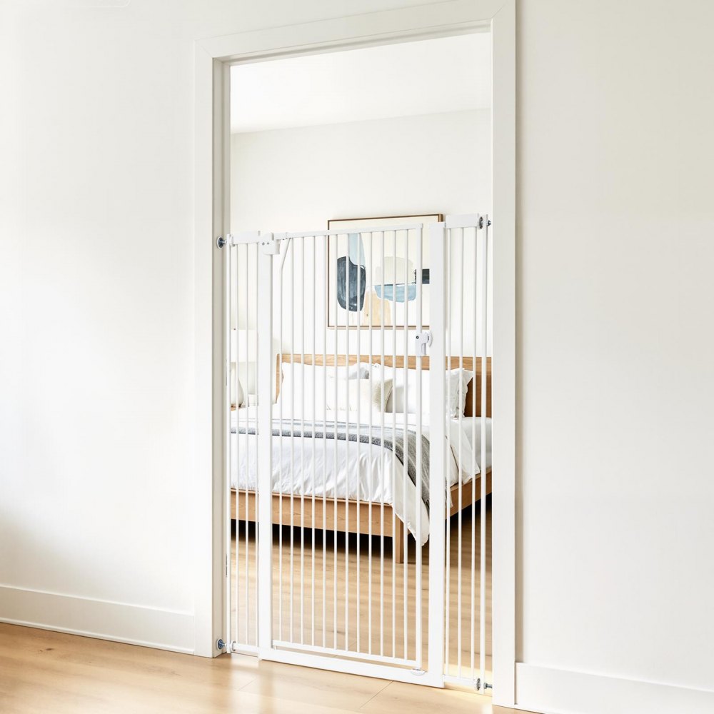 VEVOR Extra Tall Pet Gate for Cats, 29-41 in Adjustable Width, 56 in High Dog Gate, with Pressure Mount Kit and Wall Mount Kit, 1.3 in Narrow Bar Spacing, for Stairs, Doorways, and House, White