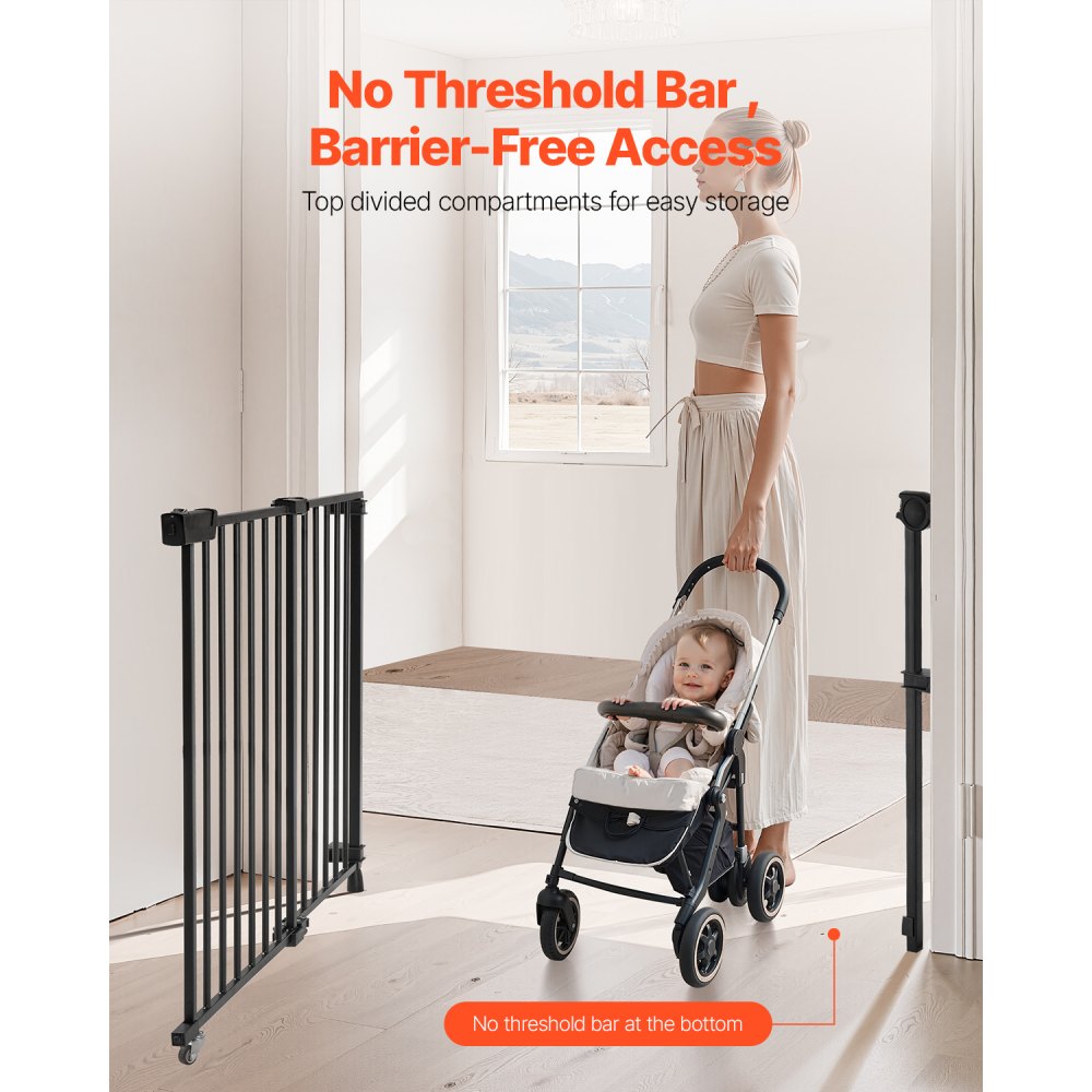 VEVOR Baby Gate, 29.5-43 Inches Adjustable Width, 28 Inches High Dog Gate, No Threshold Bar, Easy Step Walk Thru, for Child Pet Security, with Screws, One-Hand Open, for Stairs and Doorways, Black