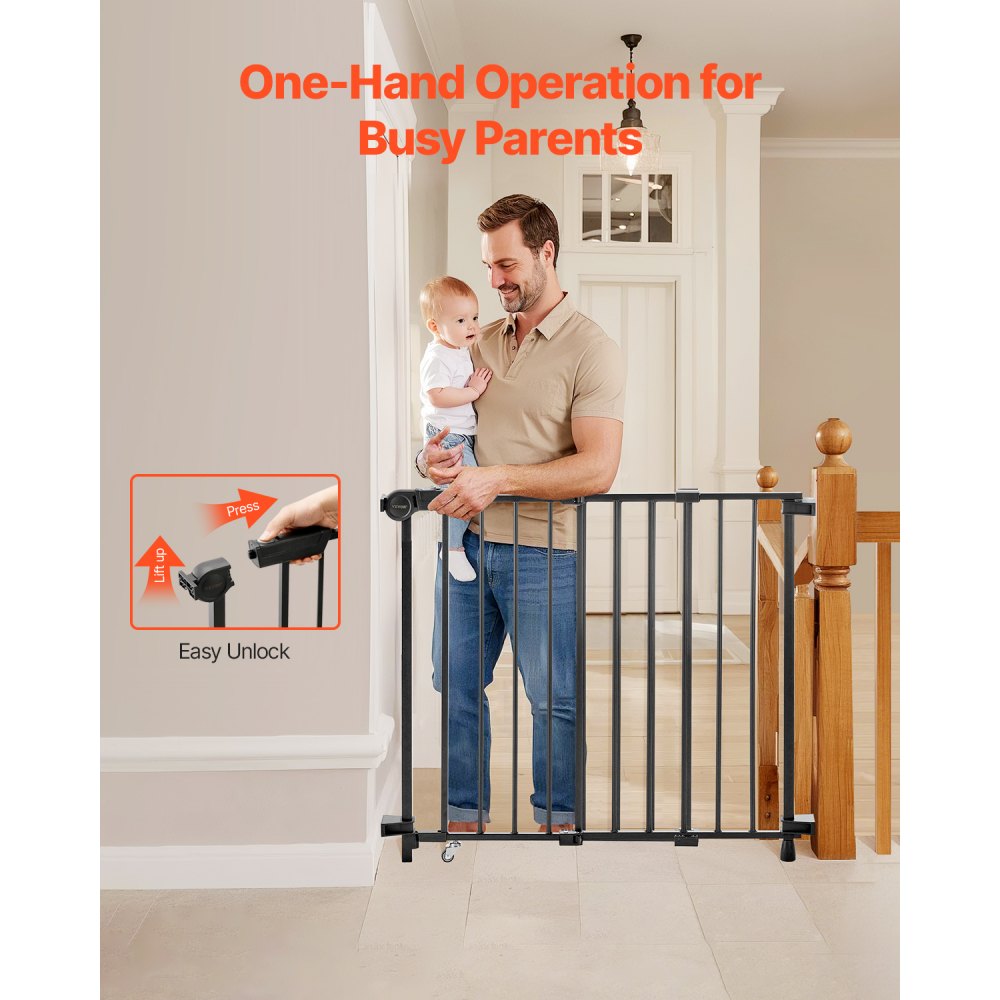 VEVOR Baby Gate, 29.5-43 Inches Adjustable Width, 28 Inches High Dog Gate, No Threshold Bar, Easy Step Walk Thru, for Child Pet Security, with Screws, One-Hand Open, for Stairs and Doorways, Black