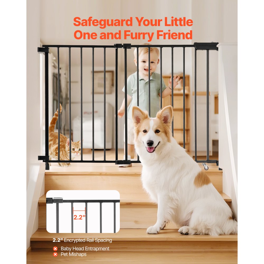 VEVOR Baby Gate, 29.5-43 Inches Adjustable Width, 28 Inches High Dog Gate, No Threshold Bar, Easy Step Walk Thru, for Child Pet Security, with Screws, One-Hand Open, for Stairs and Doorways, Black