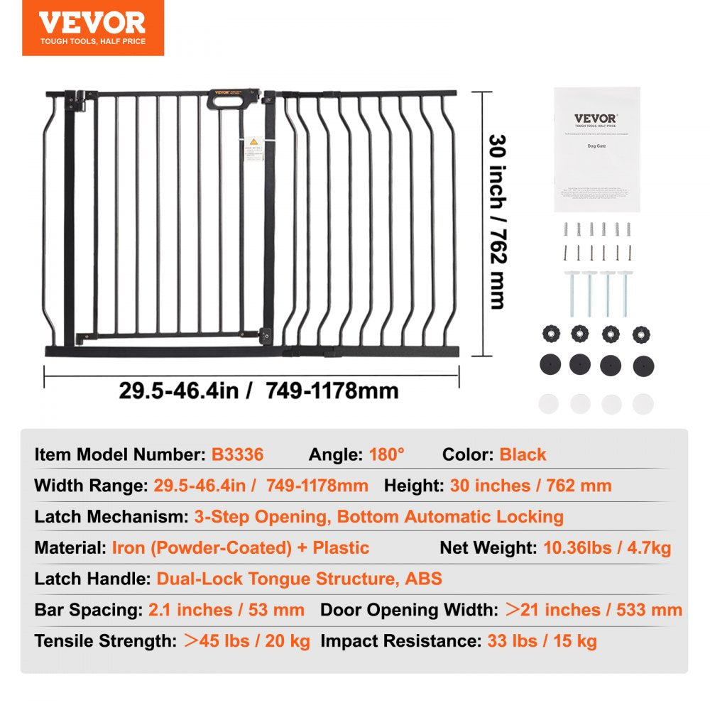 VEVOR Baby Gate, 29.5"-46.4" Extra Wide, 30" High, Dog Gate for Stairs Doorways and House, Easy Step Walk Thru Auto Close Child Gate Pet Security Gate with Pressure Mount Kit and Wall Mount Kit, Black