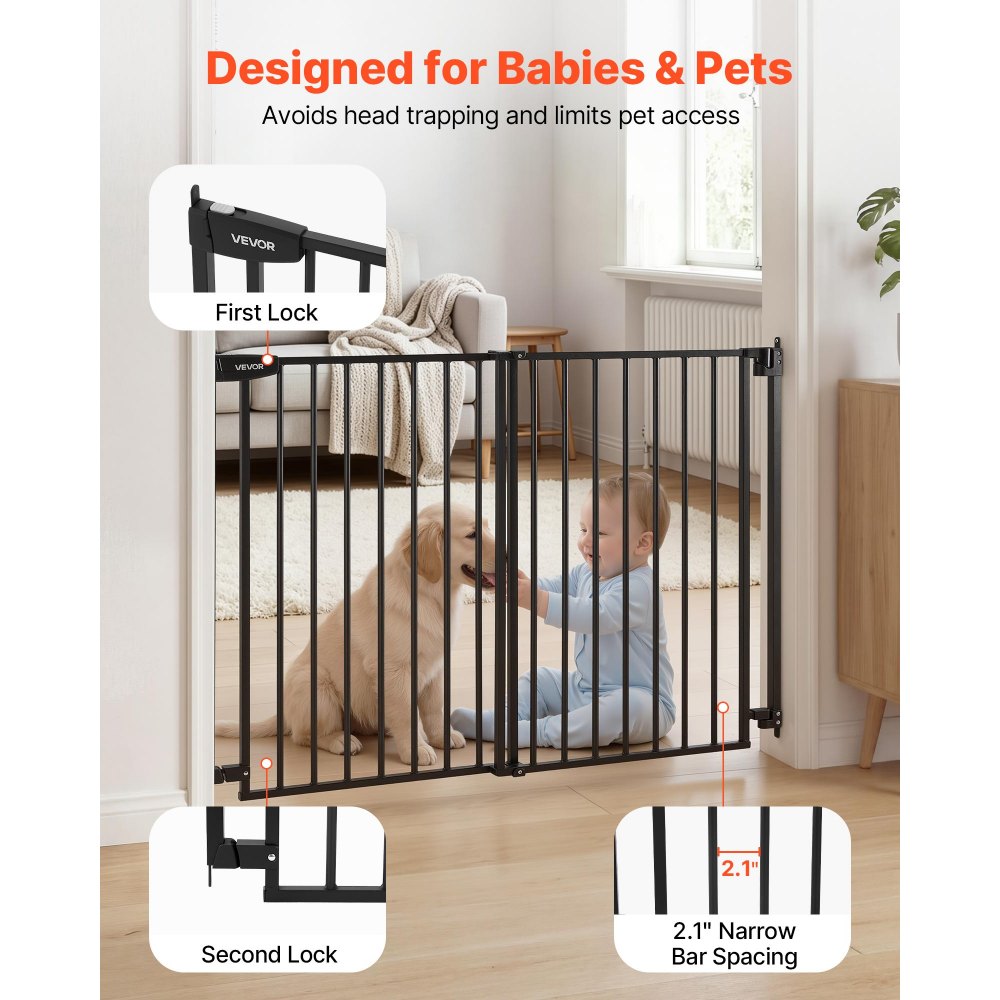 VEVOR Baby Gate for Stairs, 31-48 in Adjustable Width, 30 in High Dog Gate, No Bottom Bar, One-Handed Operation, Easy Drilling Installation with Hardware Kit, for Stairs, Doorways, and House, Black