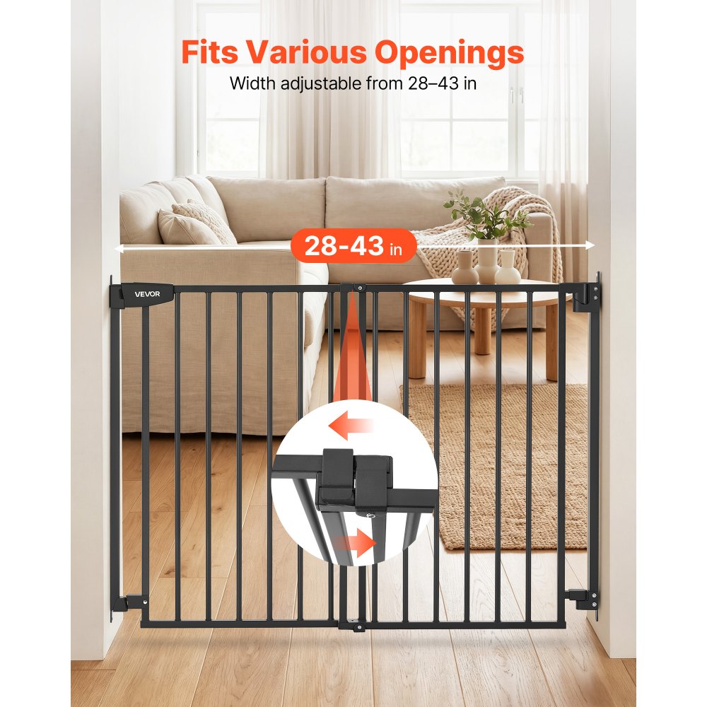 VEVOR Baby Gate for Stairs, 28-43 in Adjustable Width, 30 in High Dog Gate, No Bottom Bar, One-Handed Operation, Easy Drilling Installation with Hardware Kit, for Stairs, Doorways, and House, Black