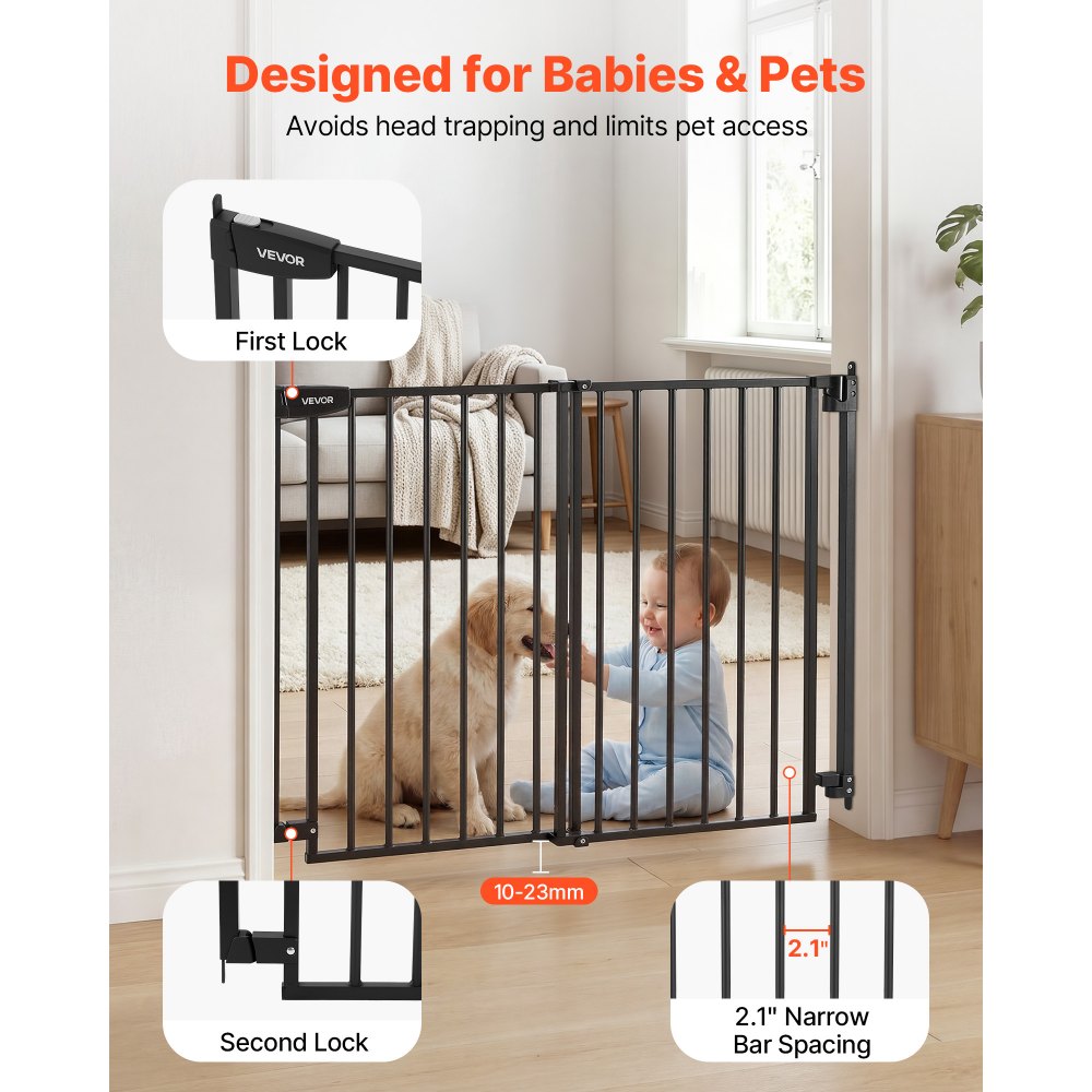 VEVOR Baby Gate for Stairs, 28-43 in Adjustable Width, 30 in High Dog Gate, No Bottom Bar, One-Handed Operation, Easy Drilling Installation with Hardware Kit, for Stairs, Doorways, and House, Black