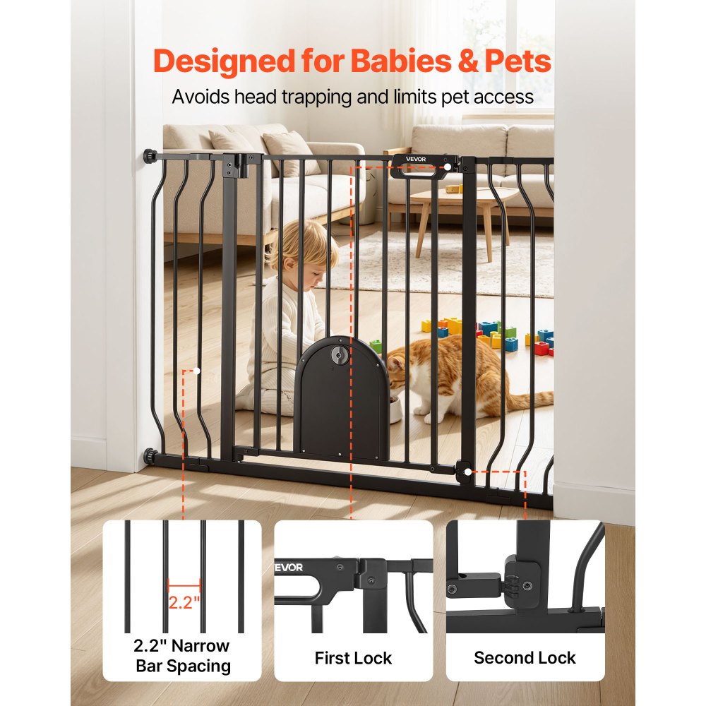 VEVOR Baby Gate for Stairs, 29.5-43 in Adjustable Width, Baby Gate with Adjustable Cat Door, with Pressure Mount Kit and Wall Mount Kit, Secure Metal Pet Door for Stairs, Doorways, and House, Black