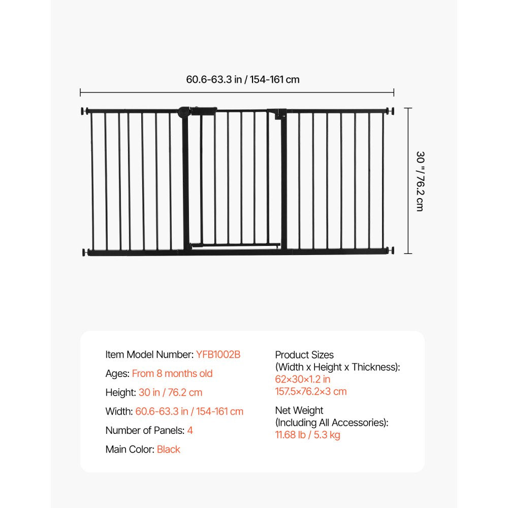 VEVOR Baby Gate, 60.6-63.3 Inches Adjustable Width, 30 Inches High Dog Gate, Easy Step Walk Thru, for Child Pet Security, Pressure Mount Kit, Wall Cups, One-Hand Open, for Stairs and Doorways, Black