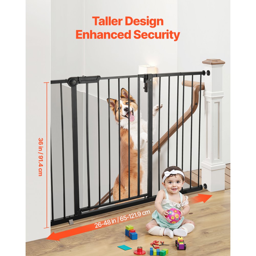 VEVOR Baby Gate, 26-48 Inches Adjustable Width, 36 Inches High Dog Gate, Easy Step Walk Thru, for Child Pet Security, Pressure Mount Kit, Wall Cups, One-Hand Open, for Stairs and Doorways, Black