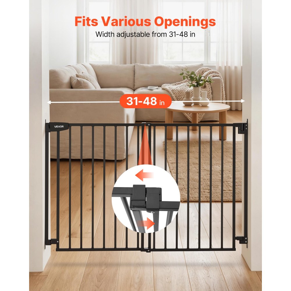 VEVOR Baby Gate for Stairs, 31-48 in Adjustable Width, 36 in High Dog Gate, No Bottom Bar, One-Handed Operation, Easy Drilling Installation with Hardware Kit, for Stairs, Doorways, and House, Black