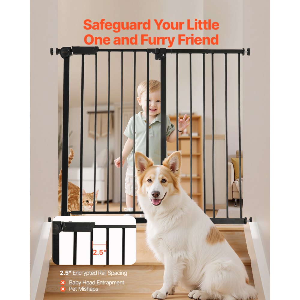 VEVOR Baby Gate, 26-40 Inches Adjustable Width, 36 Inches High Dog Gate, Easy Step Walk Thru, for Child Pet Security, Pressure Mount Kit, Wall Cups, One-Hand Open, for Stairs and Doorways, Black