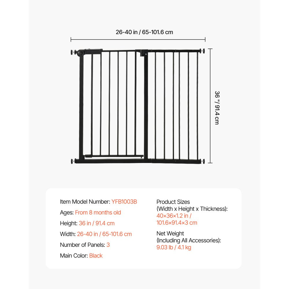 VEVOR Baby Gate, 26-40 Inches Adjustable Width, 36 Inches High Dog Gate, Easy Step Walk Thru, for Child Pet Security, Pressure Mount Kit, Wall Cups, One-Hand Open, for Stairs and Doorways, Black
