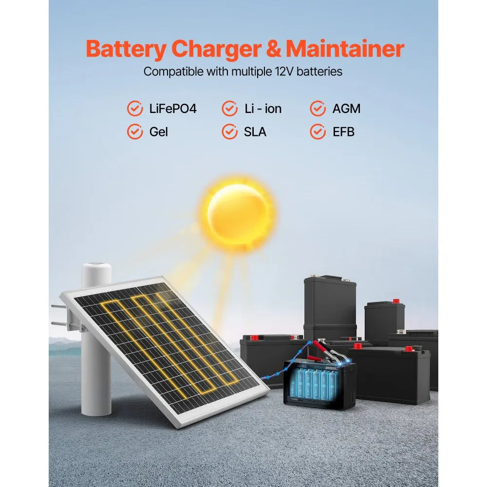 VEVOR 20W 12V Solar Panel Battery Charger, Solar Battery Trickle Charger Maintainer with Built-in Controller & 0-60° Adjustable Pole Mount Bracket, IP67 for Gate Fence Farm Lawn (Fit 1.5" - 3" Poles)