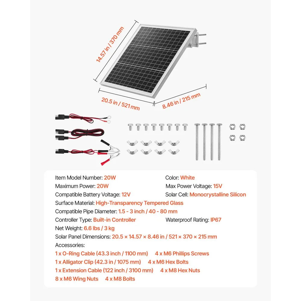 VEVOR 20W 12V Solar Panel Battery Charger, Solar Battery Trickle Charger Maintainer with Built-in Controller & 0-60° Adjustable Pole Mount Bracket, IP67 for Gate Fence Farm Lawn (Fit 1.5" - 3" Poles)