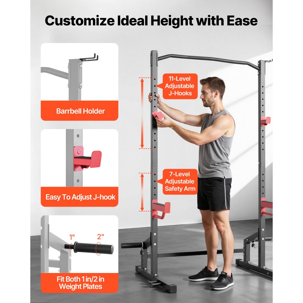 VEVOR Power Cage Squat Rack, Multifunctional Power Rack Home Gym, 1000LBS Strength Training Workout Equipment with 4 Band Pegs, Adjustable J-Hooks & Safety Bars for Barbell Squat Bench Press Pull-Up