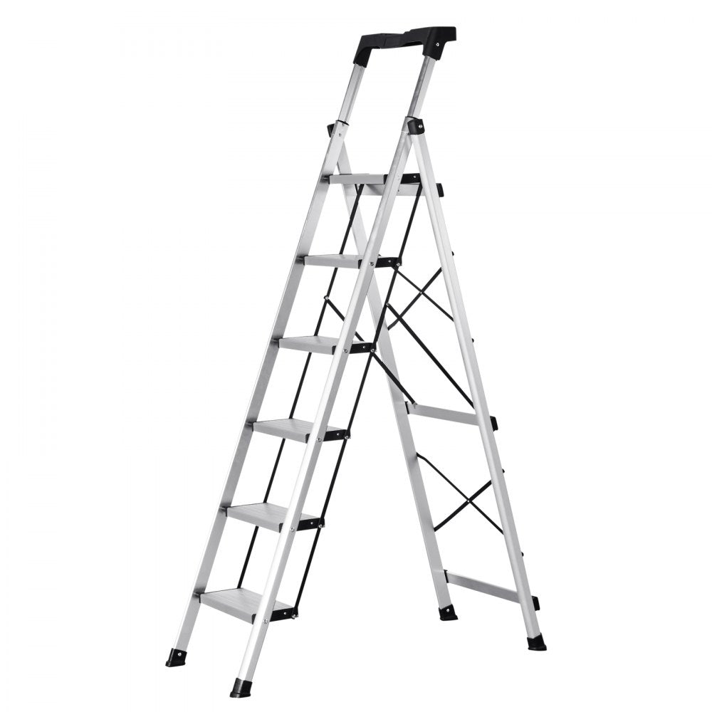 VEVOR 6 Step Ladder, Folding Step Stool with Wide Anti-Slip Pedal and Comfort Handgrip, 330 lbs Capacity Portable Aluminum Stepladder, Multi-Use for Kitchen, Warehouse, Household and Office, Silver