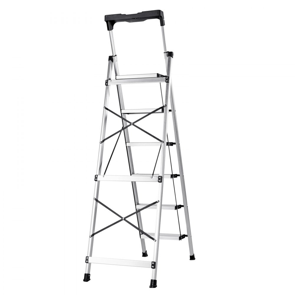 VEVOR 6 Step Ladder, Folding Step Stool with Wide Anti-Slip Pedal and Comfort Handgrip, 330 lbs Capacity Portable Aluminum Stepladder, Multi-Use for Kitchen, Warehouse, Household and Office, Silver