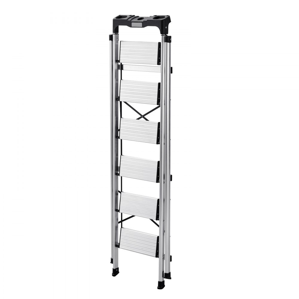 VEVOR 6 Step Ladder, Folding Step Stool with Wide Anti-Slip Pedal and Comfort Handgrip, 330 lbs Capacity Portable Aluminum Stepladder, Multi-Use for Kitchen, Warehouse, Household and Office, Silver