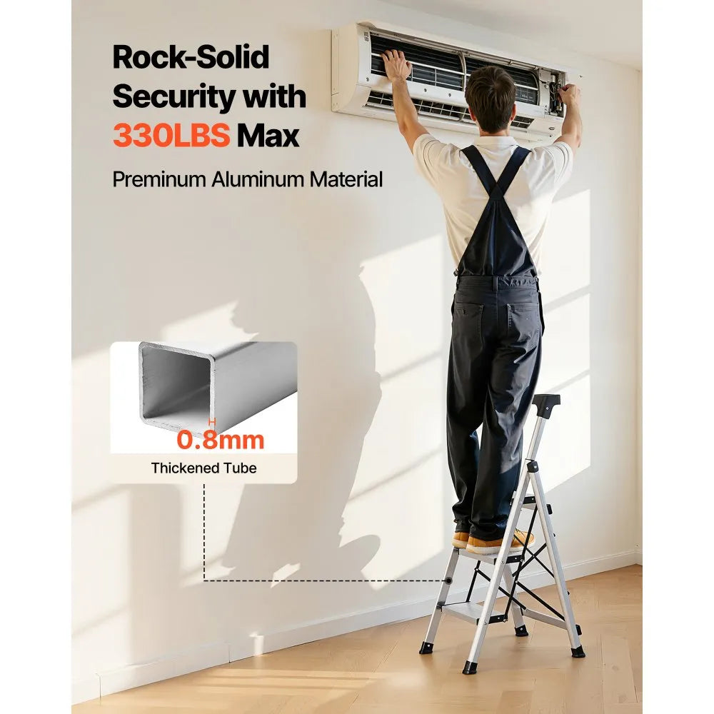 VEVOR 3 Step Ladder, Folding Step Stool with Wide Anti-Slip Pedal and Comfort Handgrip, 330 lbs Capacity Portable Aluminum Stepladder, Multi-Use for Kitchen, Warehouse, Household and Office, Silver