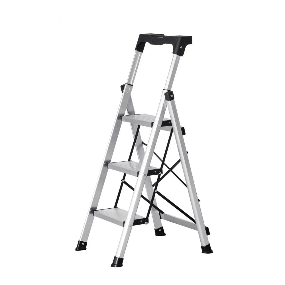 VEVOR 3 Step Ladder, Folding Step Stool with Wide Anti-Slip Pedal and Comfort Handgrip, 330 lbs Capacity Portable Aluminum Stepladder, Multi-Use for Kitchen, Warehouse, Household and Office, Silver
