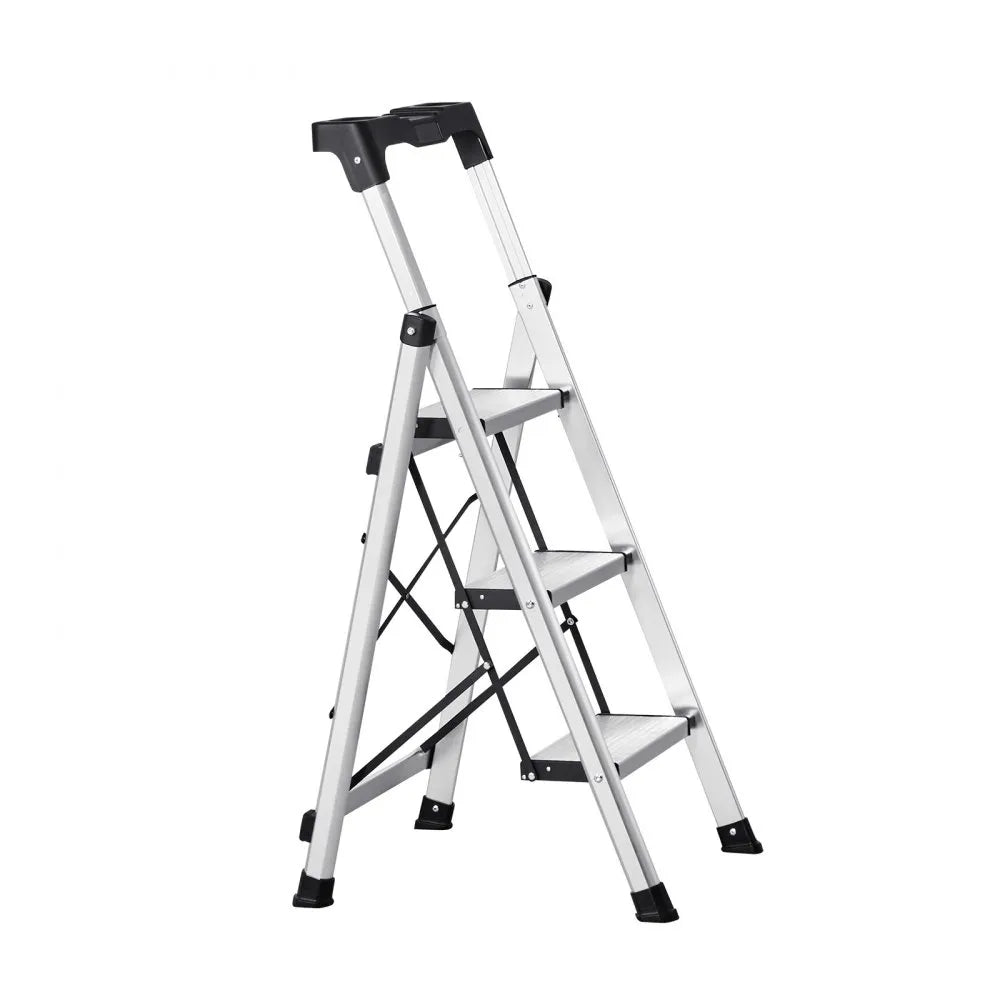 VEVOR 3 Step Ladder, Folding Step Stool with Wide Anti-Slip Pedal and Comfort Handgrip, 330 lbs Capacity Portable Aluminum Stepladder, Multi-Use for Kitchen, Warehouse, Household and Office, Silver