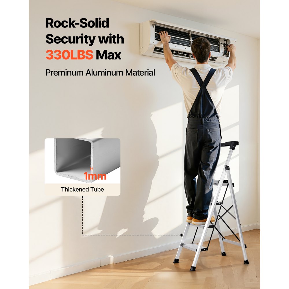 VEVOR 4 Step Ladder, Folding Step Stool with Wide Anti-Slip Pedal and Comfort Handgrip, 330 lbs Capacity Portable Aluminum Stepladder, Multi-Use for Kitchen, Home, Warehouse and Office, Silver