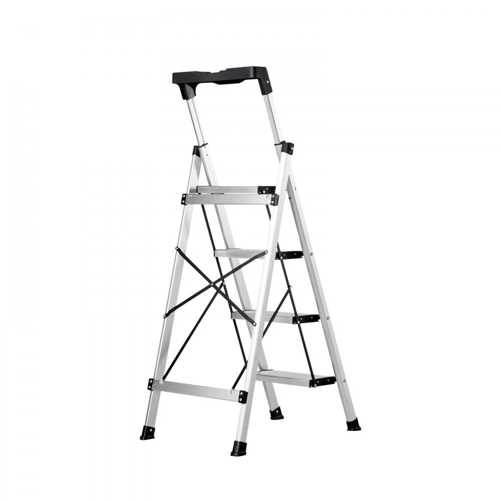 VEVOR 4 Step Ladder, Folding Step Stool with Wide Anti-Slip Pedal and Comfort Handgrip, 330 lbs Capacity Portable Aluminum Stepladder, Multi-Use for Kitchen, Home, Warehouse and Office, Silver
