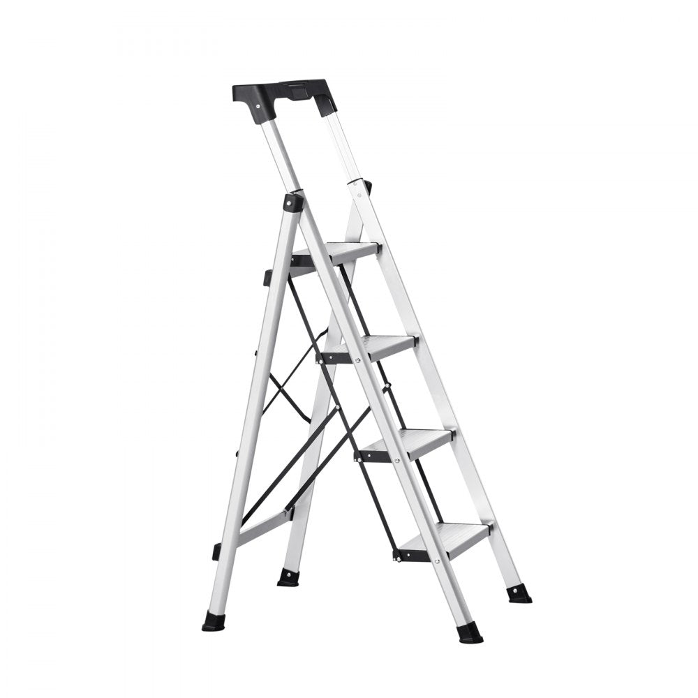 VEVOR 4 Step Ladder, Folding Step Stool with Wide Anti-Slip Pedal and Comfort Handgrip, 330 lbs Capacity Portable Aluminum Stepladder, Multi-Use for Kitchen, Home, Warehouse and Office, Silver