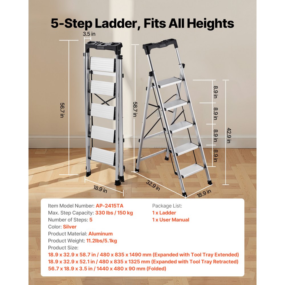 VEVOR 5 Step Ladder, Folding Step Stool with Wide Anti-Slip Pedal and Comfort Handgrip, 330 lbs Capacity Portable Aluminum Stepladder, Multi-Use for Kitchen, Warehouse, Household and Office, Silver