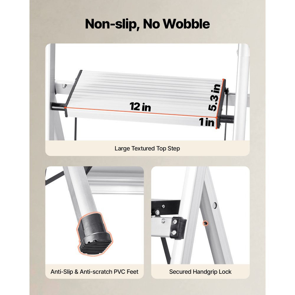 VEVOR 5 Step Ladder, Folding Step Stool with Wide Anti-Slip Pedal and Comfort Handgrip, 330 lbs Capacity Portable Aluminum Stepladder, Multi-Use for Kitchen, Warehouse, Household and Office, Silver