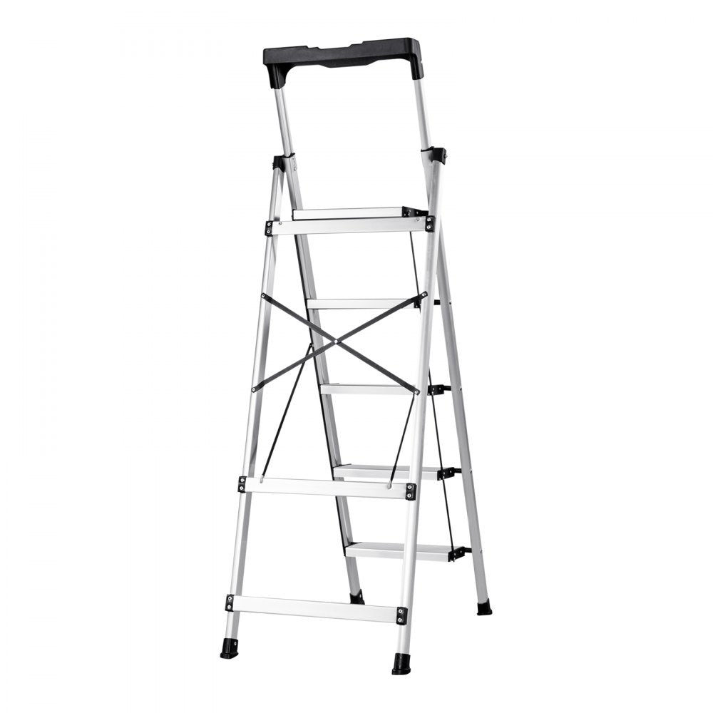 VEVOR 5 Step Ladder, Folding Step Stool with Wide Anti-Slip Pedal and Comfort Handgrip, 330 lbs Capacity Portable Aluminum Stepladder, Multi-Use for Kitchen, Warehouse, Household and Office, Silver