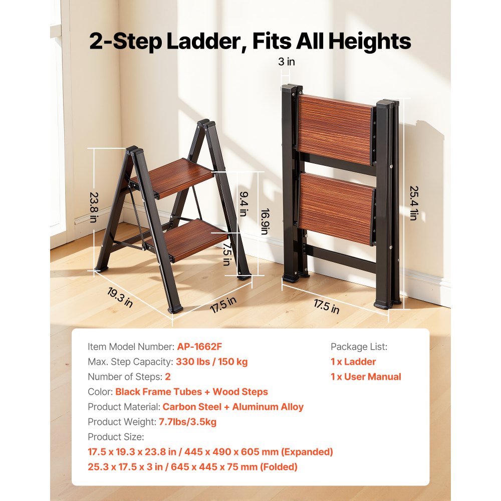 VEVOR 2 Step Ladder, Folding Step Stool with Wide Anti-Slip Pedal and Comfort Handgrip, Lightweight 330 lbs Capacity Portable Aluminum Plant Support, Multi-Use for Adults, Home Repairing, Cleaning
