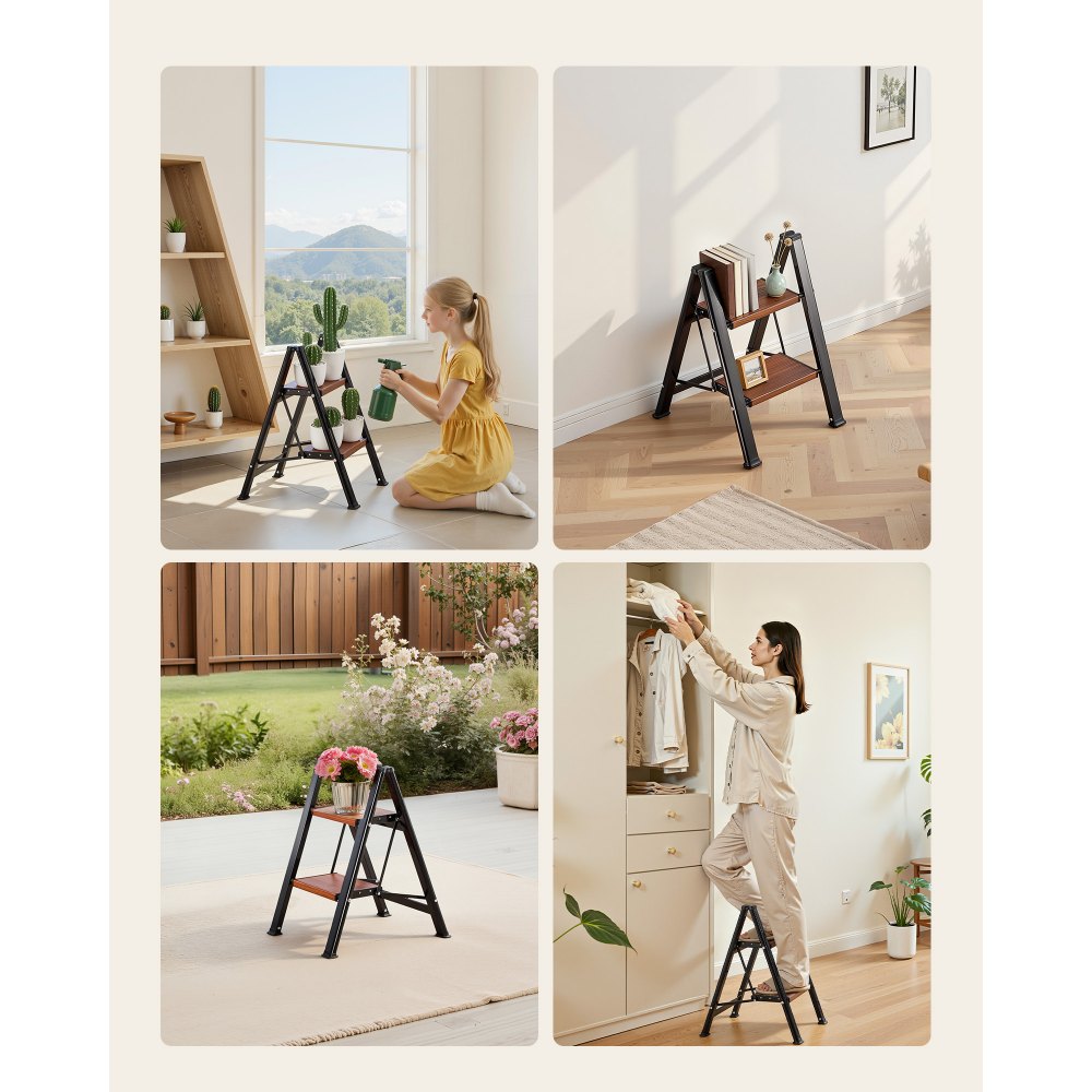 VEVOR 2 Step Ladder, Folding Step Stool with Wide Anti-Slip Pedal and Comfort Handgrip, Lightweight 330 lbs Capacity Portable Aluminum Plant Support, Multi-Use for Adults, Home Repairing, Cleaning