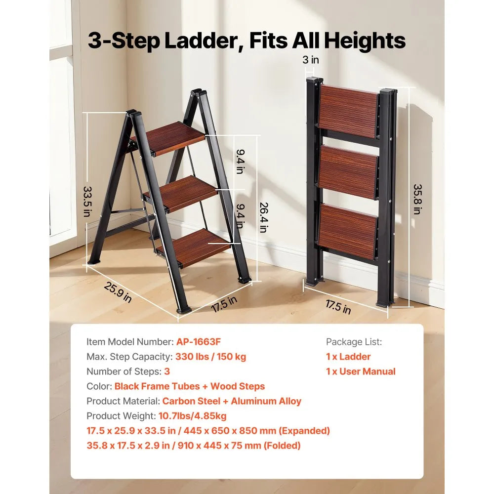 VEVOR 3 Step Ladder, Folding Step Stool with Wide Anti-Slip Pedal and Comfort Handgrip, Lightweight 330 lbs Capacity Portable Aluminum Plant Support, Multi-Use for Adults, Home Repairing, Cleaning