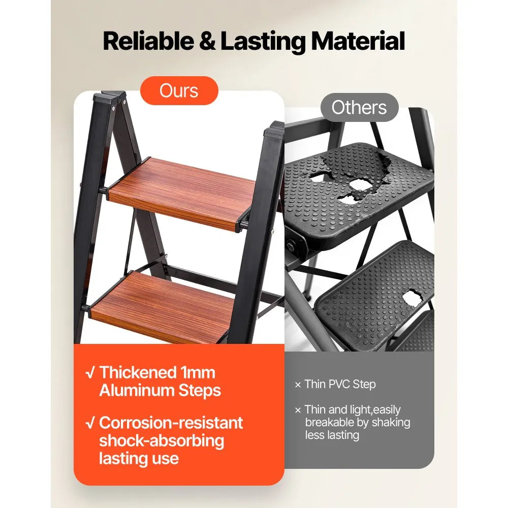 VEVOR 3 Step Ladder, Folding Step Stool with Wide Anti-Slip Pedal and Comfort Handgrip, Lightweight 330 lbs Capacity Portable Aluminum Plant Support, Multi-Use for Adults, Home Repairing, Cleaning
