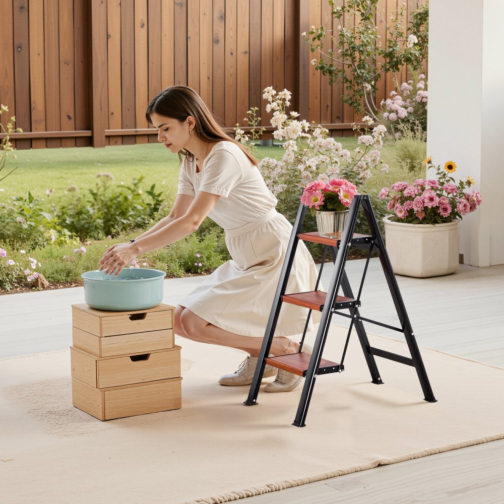 VEVOR 3 Step Ladder, Folding Step Stool with Wide Anti-Slip Pedal and Comfort Handgrip, Lightweight 330 lbs Capacity Portable Aluminum Plant Support, Multi-Use for Adults, Home Repairing, Cleaning