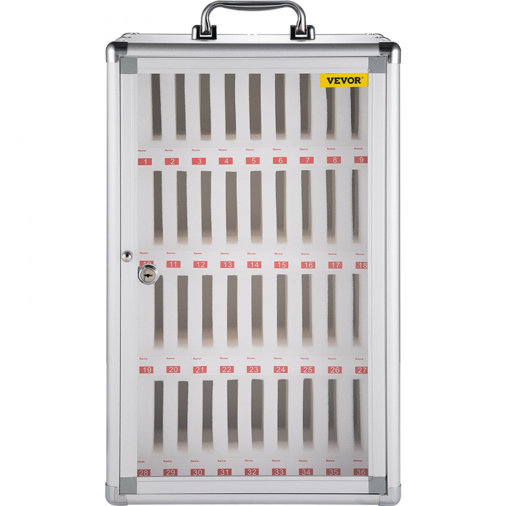 VEVOR 36 Slots Cell Phone Cabinet Silver Aluminum Alloy Pocket Chart Storage Locker Box with Portable Handle, Key Lock & Handwritten Tags, Wall Mounted for Classroom, Office, Gym