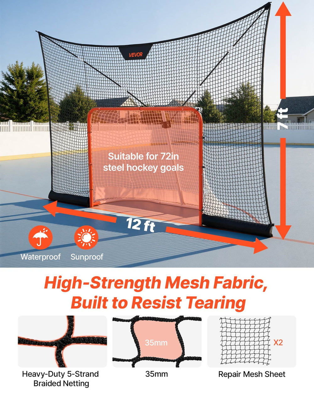 VEVOR Hockey Net Backstop, 12x7 ft Durable Hockey Goal Backstop Net with Extended Coverage, Lightweight and Portable Backyard Training Equipment, Easy Assembly, for Youth Adult (NET ONLY)