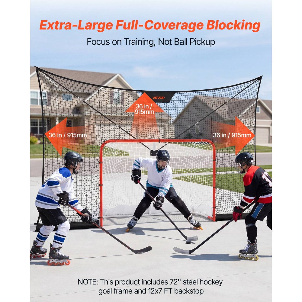VEVOR Hockey Goal Goal and Backstop Net Set, 12x7 ft Durable Hockey Net with Extended Coverage, Lightweight Portable Complete Training Accessory Set, Easy Assembly, for Youth and Adults
