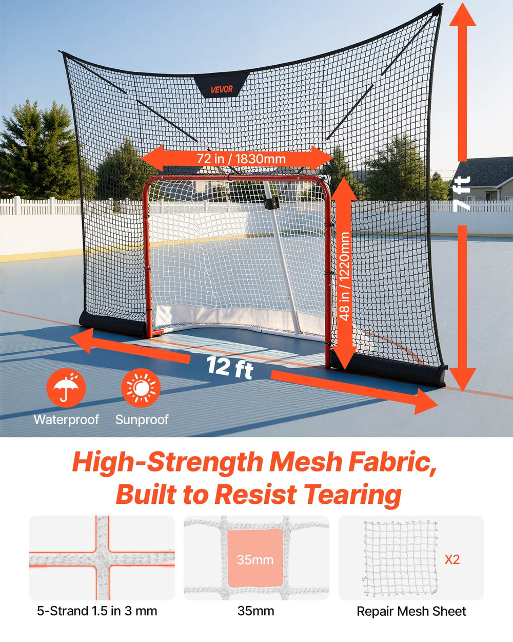 VEVOR Hockey Goal Goal and Backstop Net Set, 12x7 ft Durable Hockey Net with Extended Coverage, Lightweight Portable Complete Training Accessory Set, Easy Assembly, for Youth and Adults