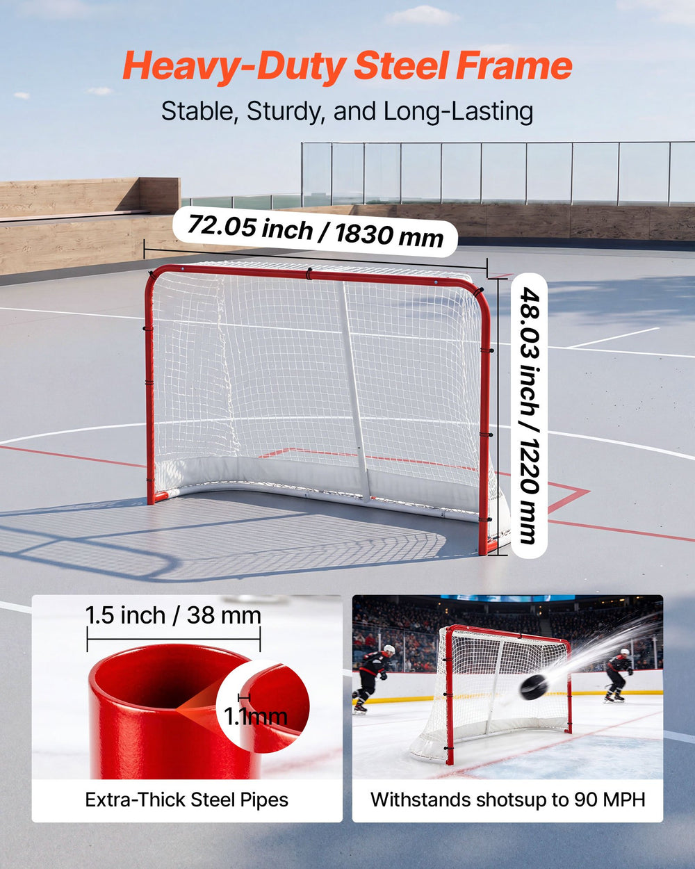 VEVOR Street Hockey Goal, Heavy-Duty Steel Street + Roller Hockey Nets, Durable Hockey Net for Indoor Outdoor Use, Lightweight Portable Training, Easy Assembly for Backyard Park Garage, 72 x 48 in
