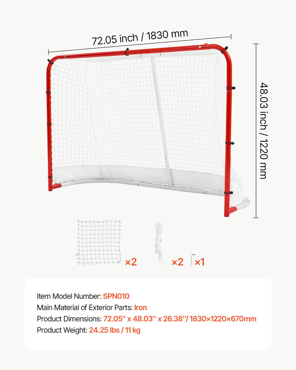 VEVOR Street Hockey Goal, Heavy-Duty Steel Street + Roller Hockey Nets, Durable Hockey Net for Indoor Outdoor Use, Lightweight Portable Training, Easy Assembly for Backyard Park Garage, 72 x 48 in