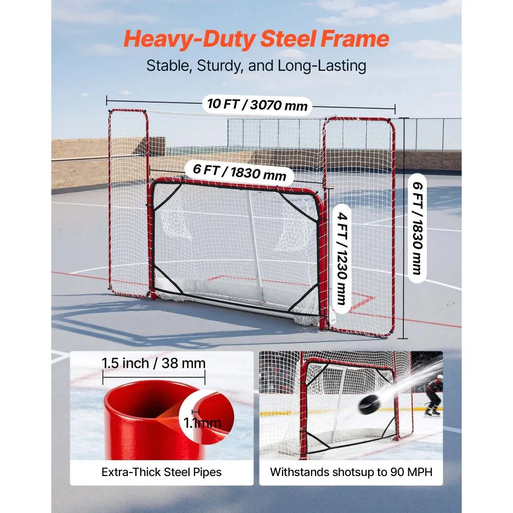 VEVOR Hockey Goal with Backstop and Targets, 10x6FT Street Steel Hockey Goal Set, Pro Lightweight and Portable Training Equipment, Durable Net for Indoor & Outdoor Use, Easy Assembly, White/Red