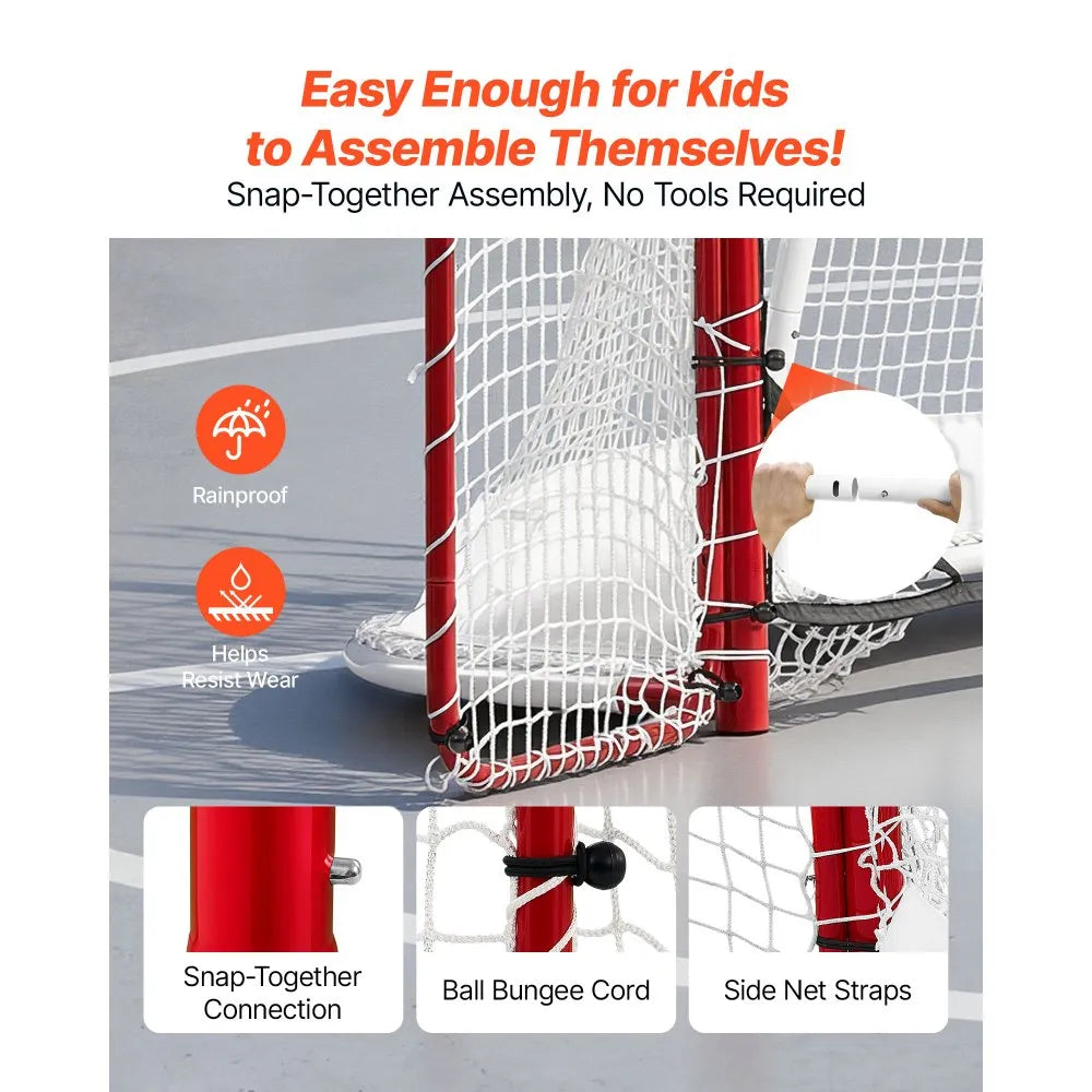 VEVOR Hockey Goal with Backstop and Targets, 10x6FT Street Steel Hockey Goal Set, Pro Lightweight and Portable Training Equipment, Durable Net for Indoor & Outdoor Use, Easy Assembly, White/Red