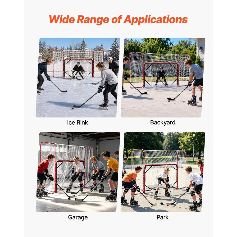 VEVOR Hockey Goal with Backstop and Targets, 10x6FT Street Steel Hockey Goal Set, Pro Lightweight and Portable Training Equipment, Durable Net for Indoor & Outdoor Use, Easy Assembly, White/Red