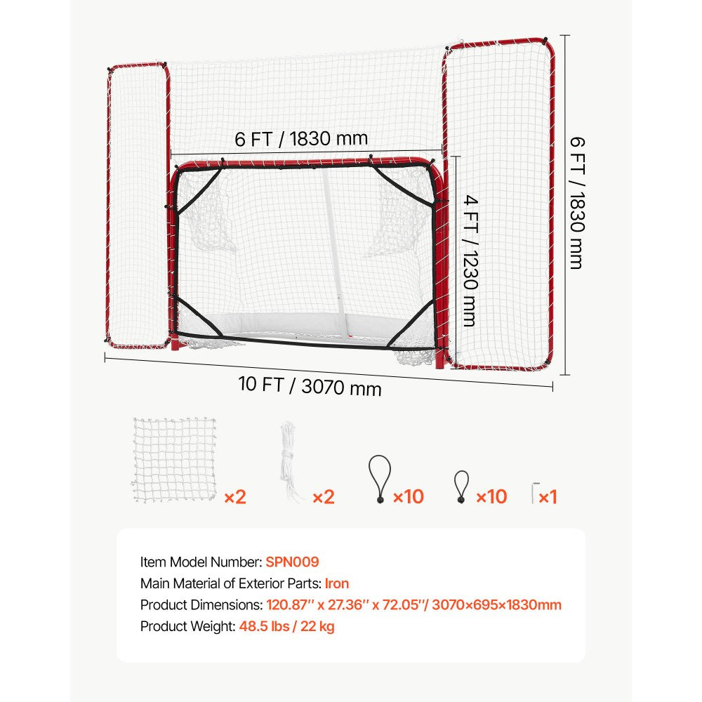 VEVOR Hockey Goal with Backstop and Targets, 10x6FT Street Steel Hockey Goal Set, Pro Lightweight and Portable Training Equipment, Durable Net for Indoor & Outdoor Use, Easy Assembly, White/Red