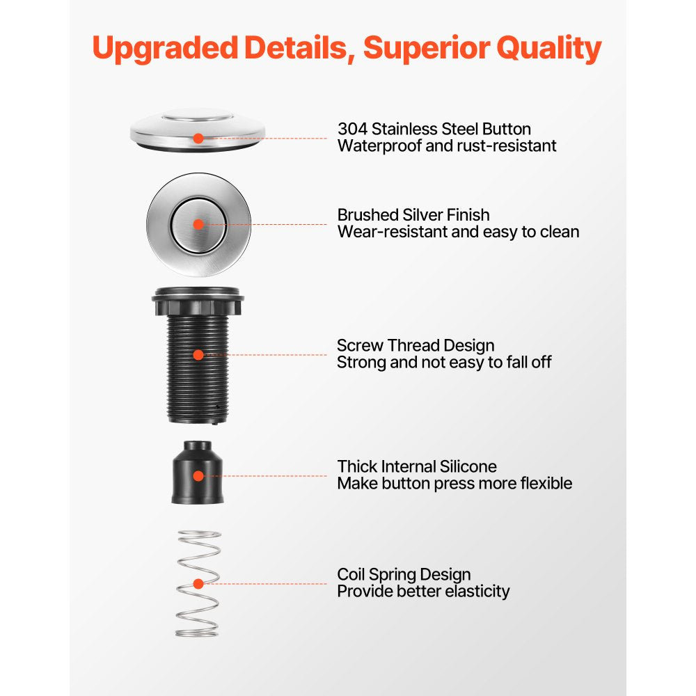 VEVOR Garbage Disposal Air Switch Kit, Dual Outlet Sink Top Air Switch for Food Waste Disposal, 3.5-inch Long Brushed Silver Stainless Steel ON/OFF Air Button for Granite, Marble, Quartz Countertops