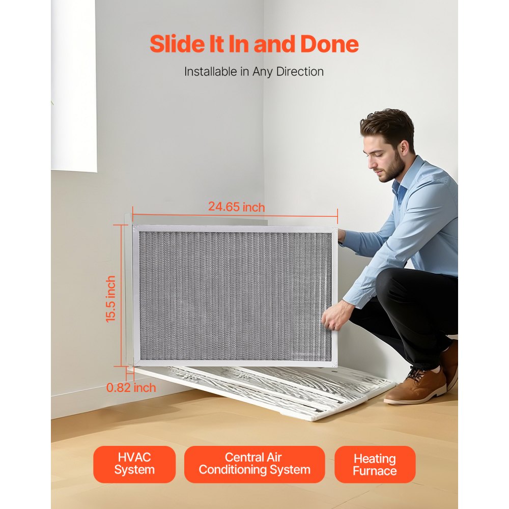 VEVOR Electrostatic Air Filter, 16x25x1 inch Washable & Reusable Aluminum AC/HVAC Furnace Filter, MERV 8 Long Lifetime,Home or Office (Actual Size: 15.5 x 24.65 x 0.82 in)