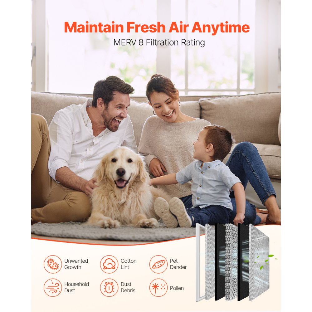 VEVOR Electrostatic Air Filter, 20x20x1 inch Washable & Reusable Aluminum AC/HVAC Furnace Filter, MERV 8 Long Lifetime, Home or Office (Actual Size: 19.75 x 19.75 x 0.82 in)